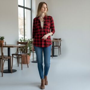 Ninedaily Red and Black Plaid Womens Top